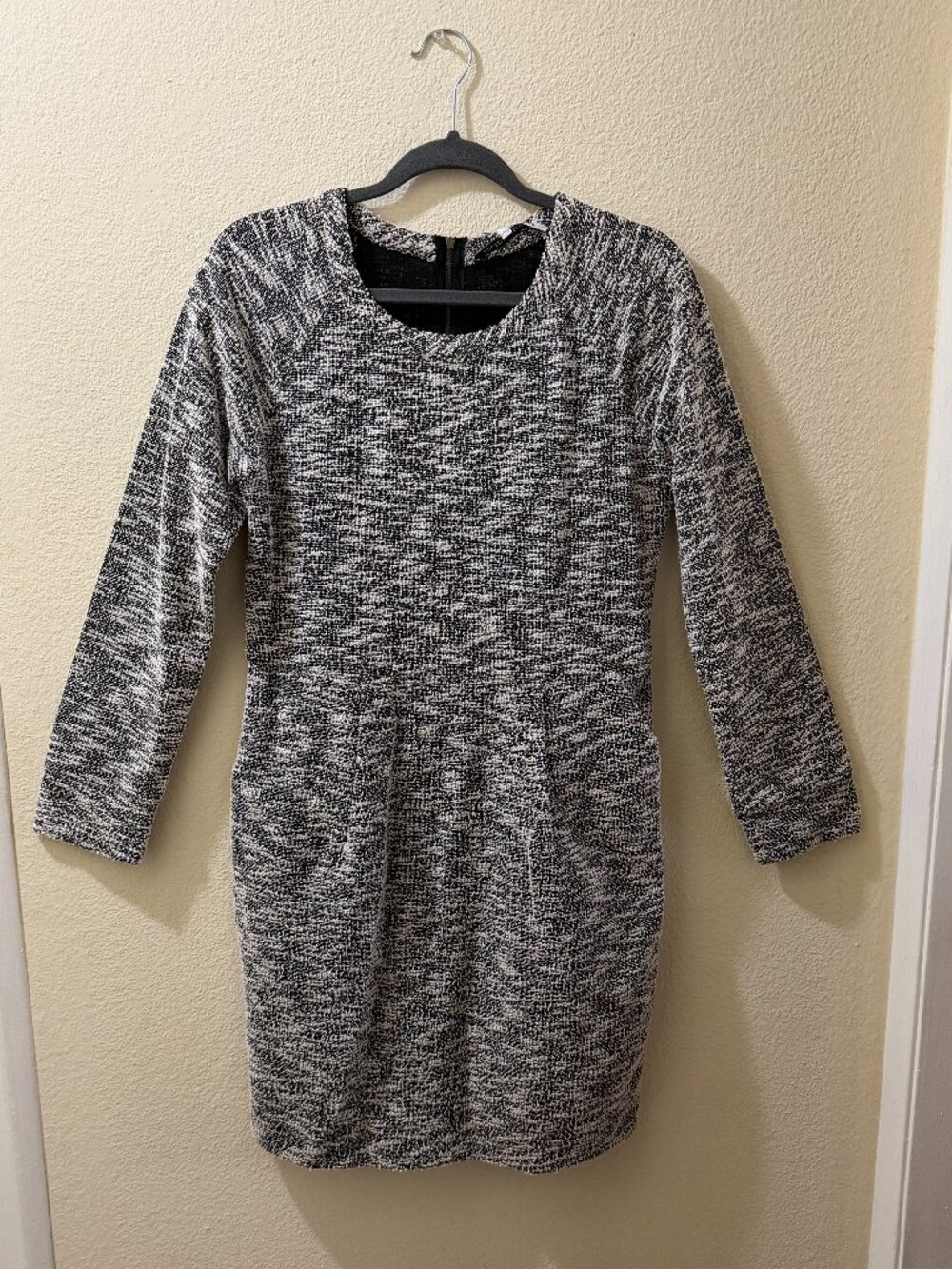 Black & White Textured Sheath Dress with Pockets